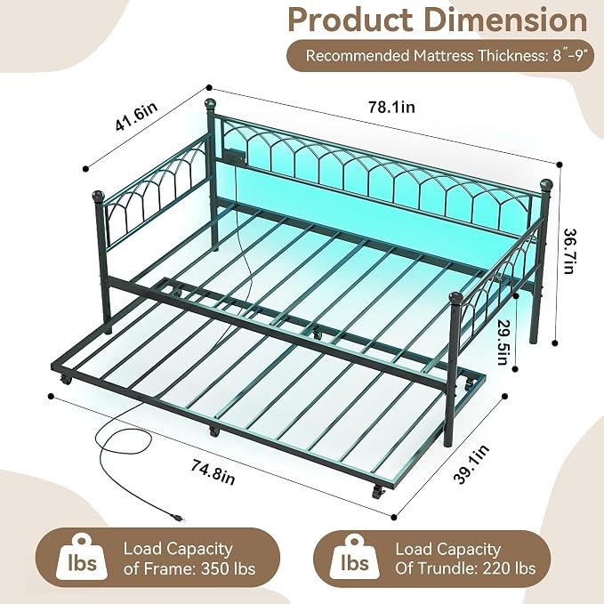 GarveeHome Daybed with Trundle, Metal Twin Trundle Bed with Charging Station & - Image 2