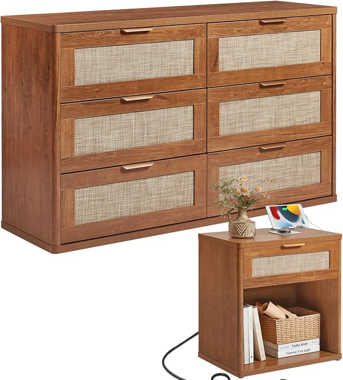 LEYAOYAO Rattan Dresser and Nightstand Set of 2, Boho Wood Dresser by LEYAOYAO-Findtheshiningpointofyourideallife%EF%BC%81