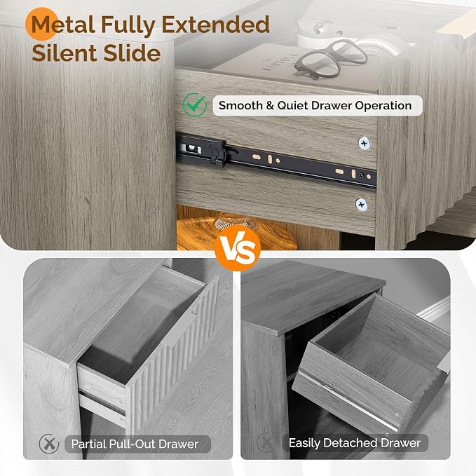 VINGLI Night Stand with Charging Station & Led Light, Wood Nightstand Mid - Image 7
