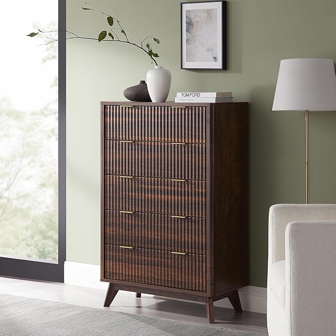 T4TREAM Fluted 5 Drawers Dresser, Curved Profile Design, Wood Drawer Organizer - Image 3