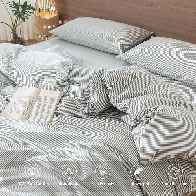 MooMee Striped Duvet Cover Set 100% Washed Cotton Linen Like Textured - Image 3