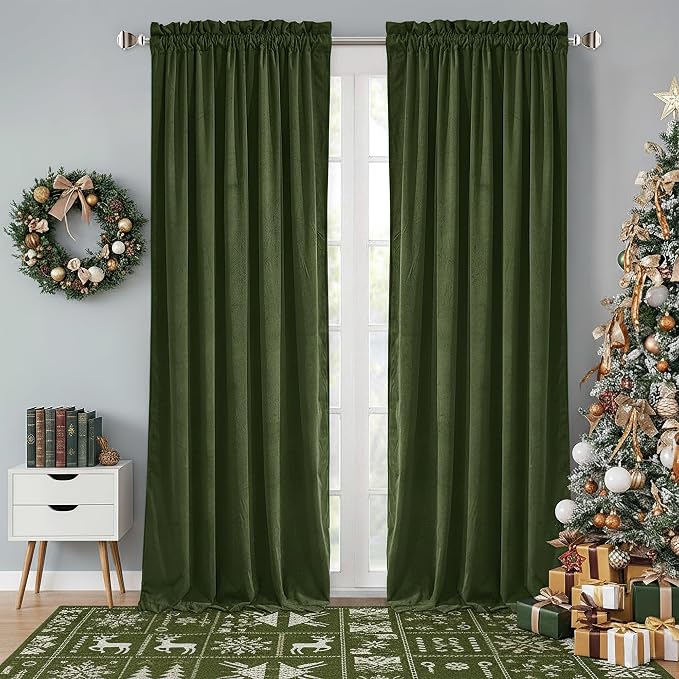 StangH Moss Green Velvet Drapes 90 inches Long, Luxury Room Darkening by StangH