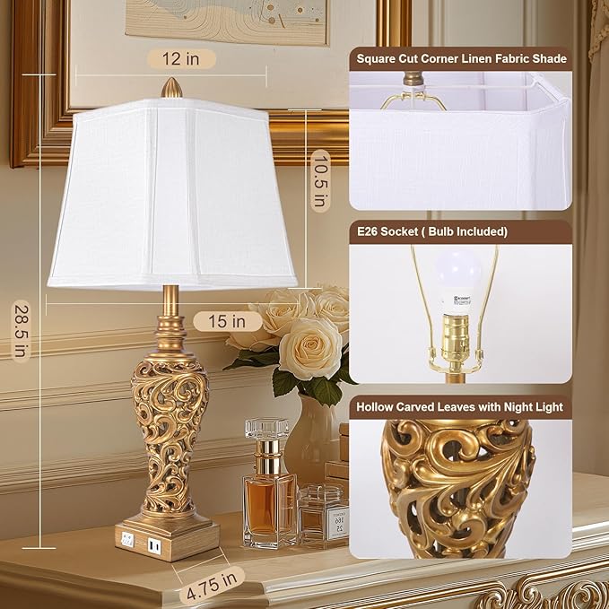 Vintage Table Lamps Set of 2, 28.5'' Tall Antique Gold Bedside Lamps - Image 2