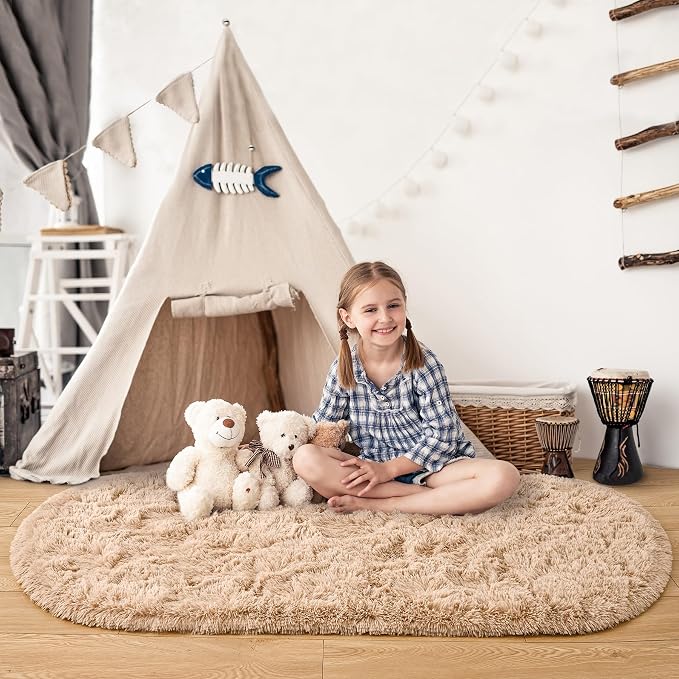 Noahas Fluffy Beige Rugs for Bedroom Living Room, 2.6'X5.3' Oval Throw Rug for - Image 7