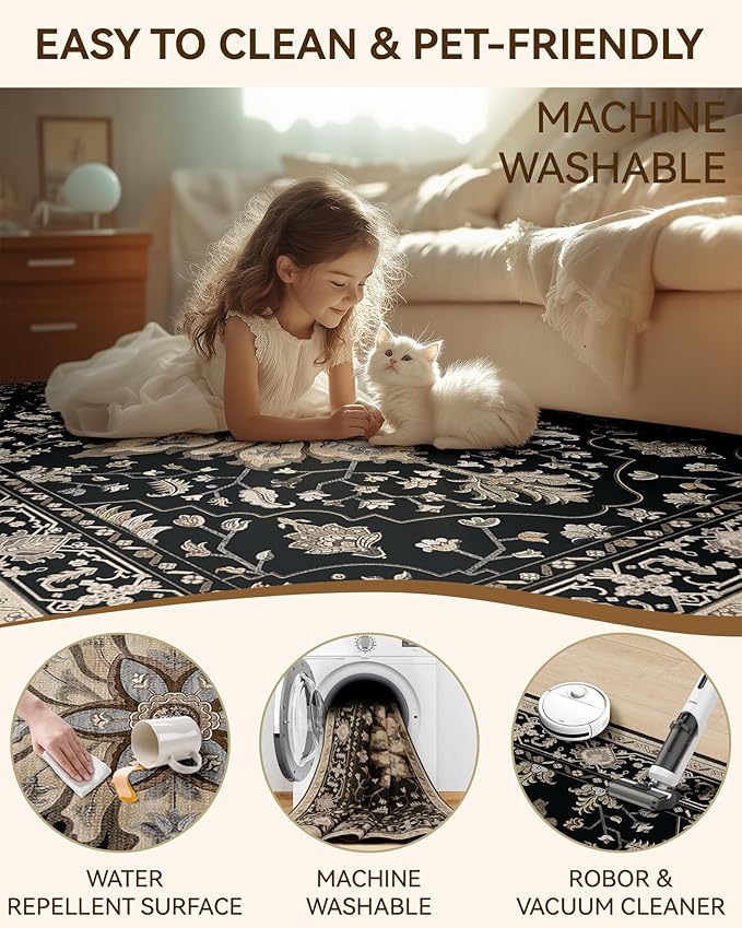 Area Rugs 7ft Washable Non-Slip, Floral Vintage Distress Print Pattern - Image 3