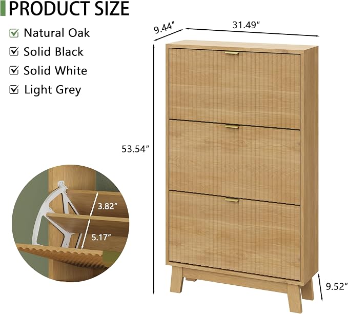 Shoe Cabinet with 3 Flip Drawers, Hidden Slim Wooden Shoe Rack Cabinet - Image 2
