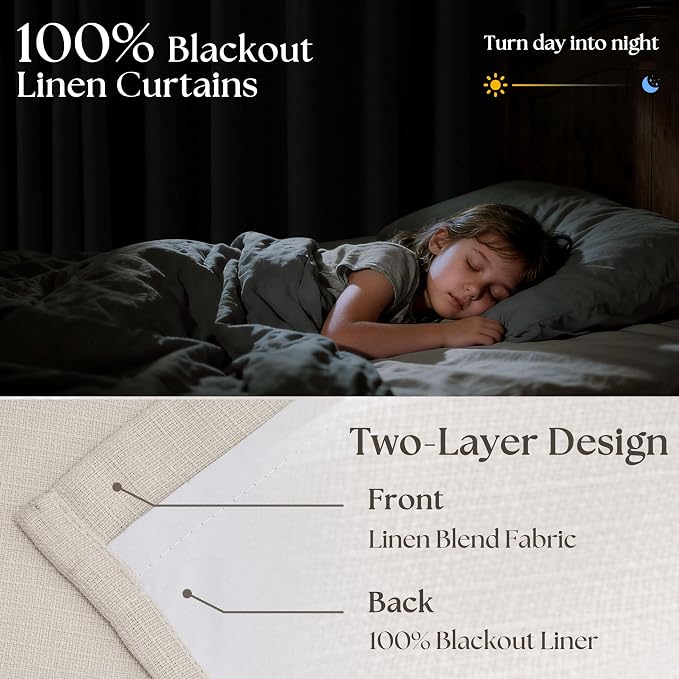 Pinch Pleated Blackout 102 Inch Curtains 70 Inch Wide Linen Dual Layer - Image 3