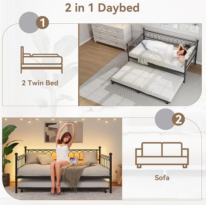 GarveeHome Daybed with Trundle, Metal Twin Trundle Bed with Charging Station & - Image 6