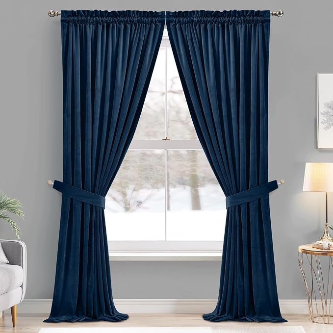 StangH Rod Pocket Velvet Curtains 90 inches Long Navy Blue Blackout Thermal - Image 2