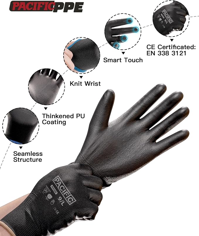 PACIFIC PPE Work Gloves PU Coated-18 Pairs, Touchscreen Working Gloves - Image 3