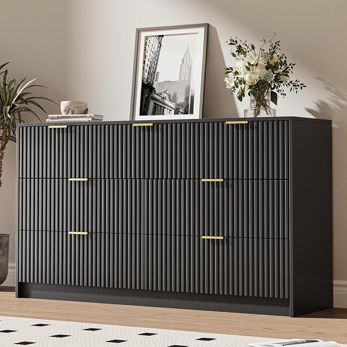 Black 7 Drawer Dresser for Bedroom, 55.9" Wide Modern Fluted Dresser by MAISONARIA