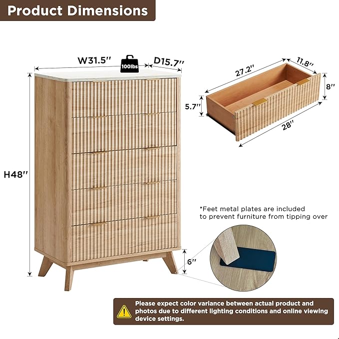 T4TREAM Fluted 5 Drawers Dresser, Curved Profile Design, Wood Drawer Organizer - Image 2