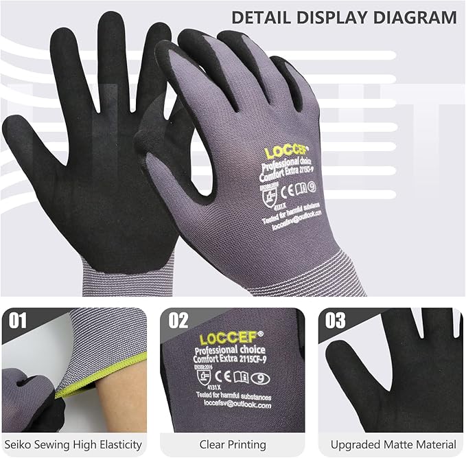 Work Gloves MicroFoam Nitrile Coated-6 Pairs, Seamless Knit Nylon Gloves - Image 2