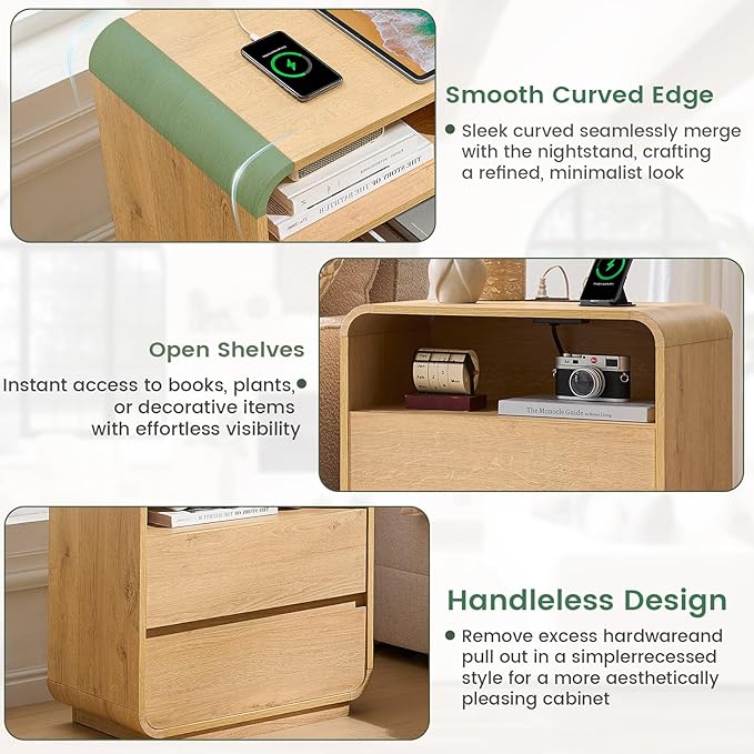 Modern Curved Night Stand, 2 Storage Drawers Side Table, Large End Table - Image 6