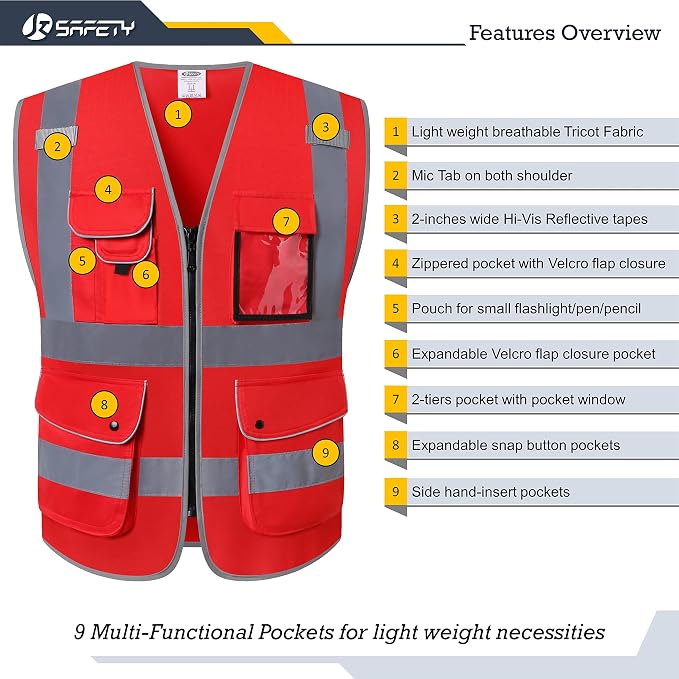 JKSafety 9 Pockets High Visibility Zipper Front Safety Vest - Image 3