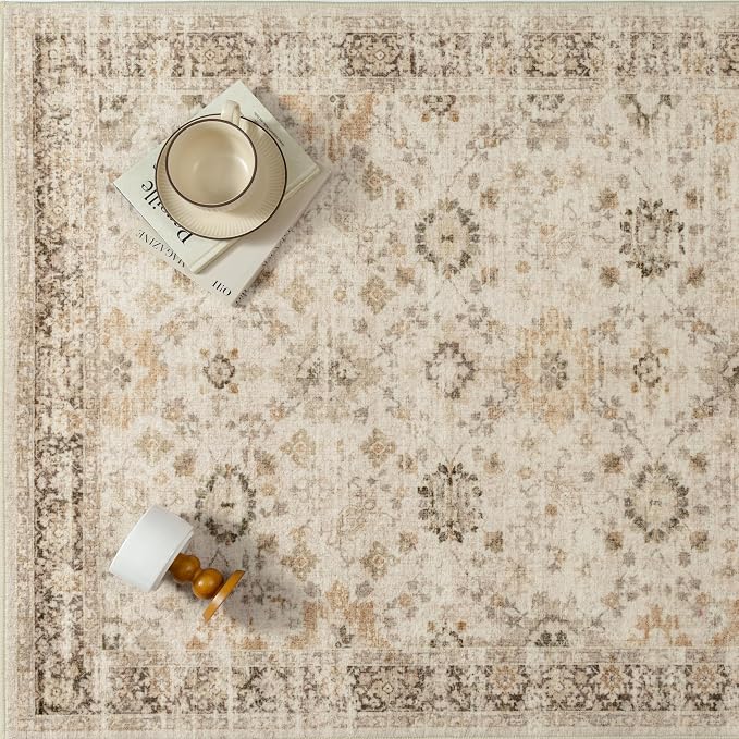 Beige 5x7 Area Rug Non Slip Vintage Living Room Distressed Machine Washable - Image 9