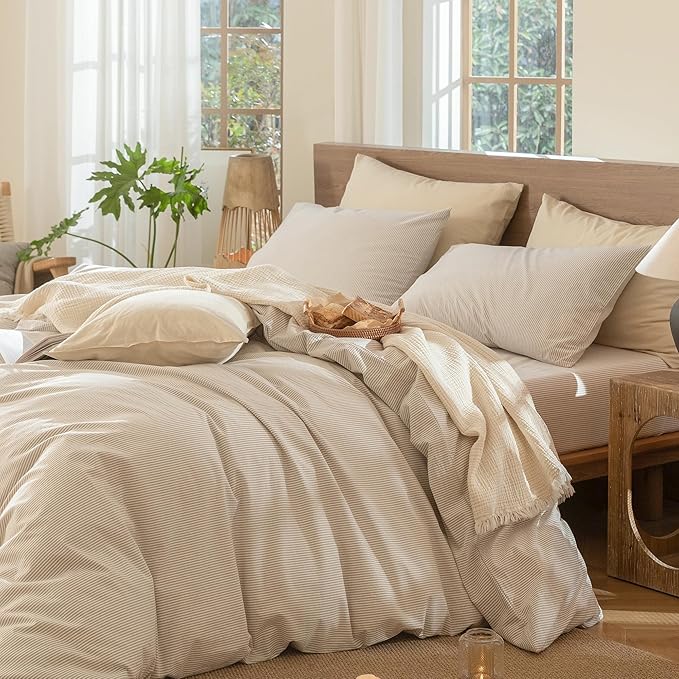 MooMee Striped Duvet Cover Set 100% Washed Cotton Linen Like Textured - Image 3