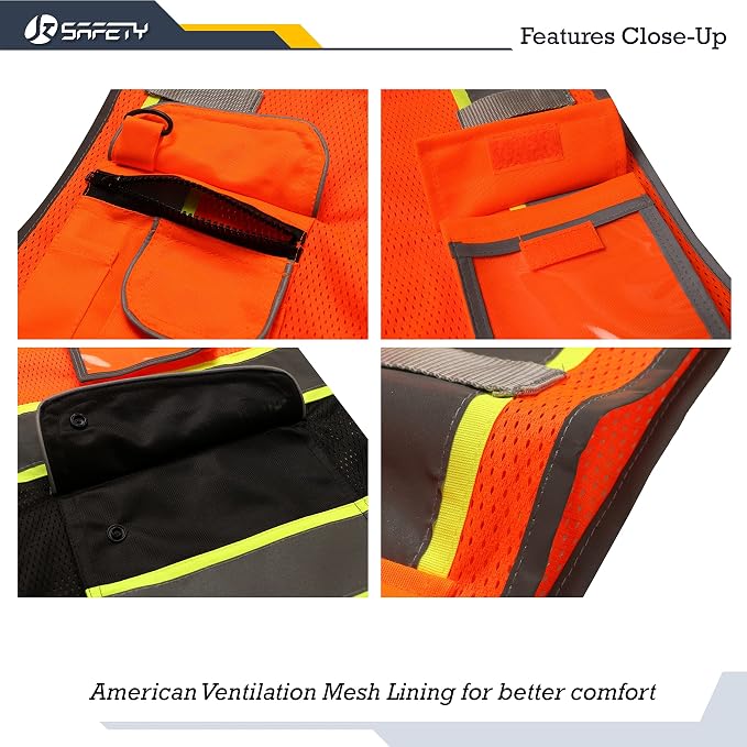 JKSafety 9 Pockets Hi-Vis Fluorescent Color Mesh Reflective Safety Vest - Image 2