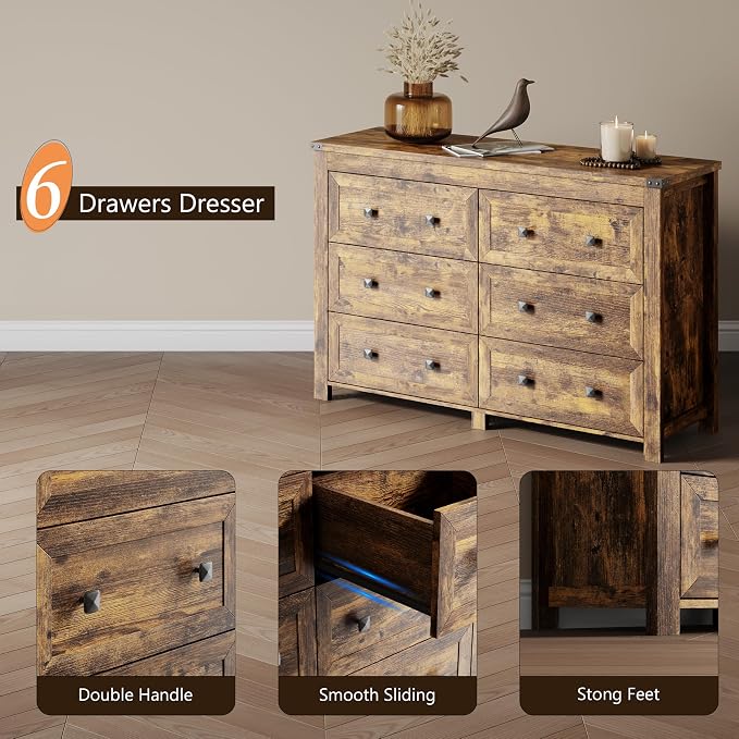 Dresser for Bedroom with 6 Drawers, Farmhouse Wood Chest of Drawers, Wide TV - Image 5