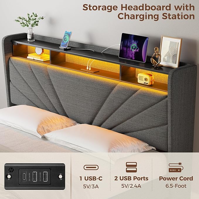 Rolanstar Full Size Bed Frame, Storage Headboard - Image 4