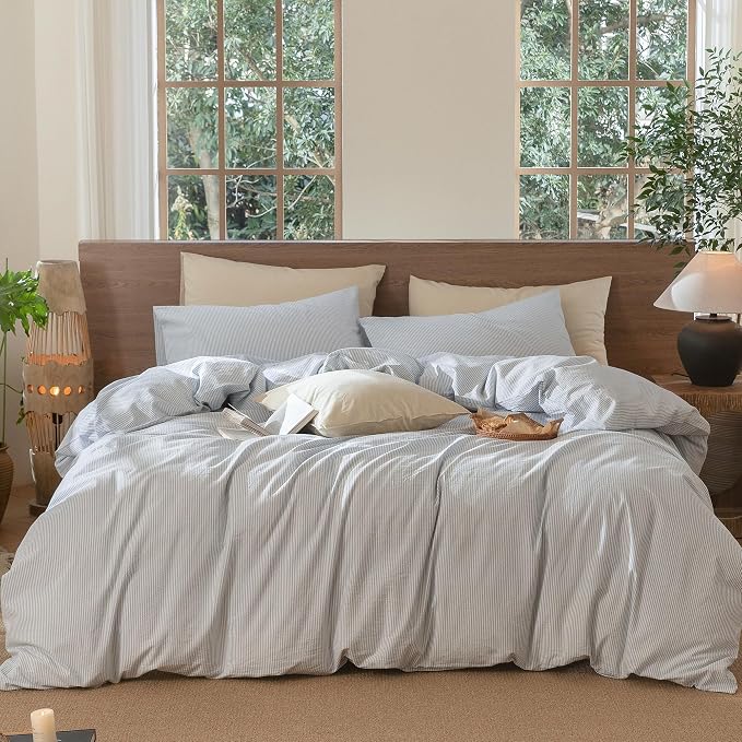 MooMee Striped Duvet Cover Set 100% Washed Cotton Linen Like Textured by MOOMEE