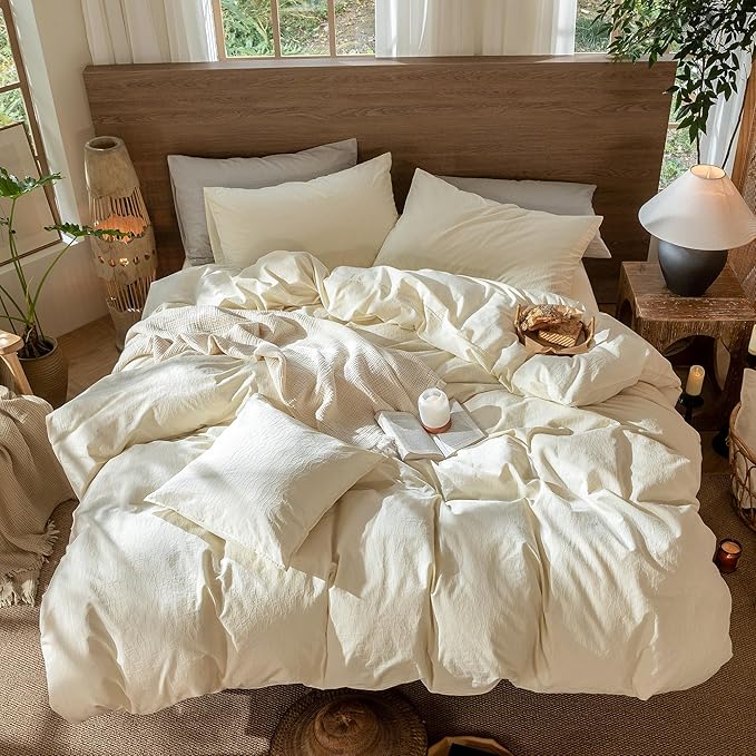 MooMee Wavy Striped Duvet Cover Set 100% Washed Cotton Linen Like Textured - Image 4