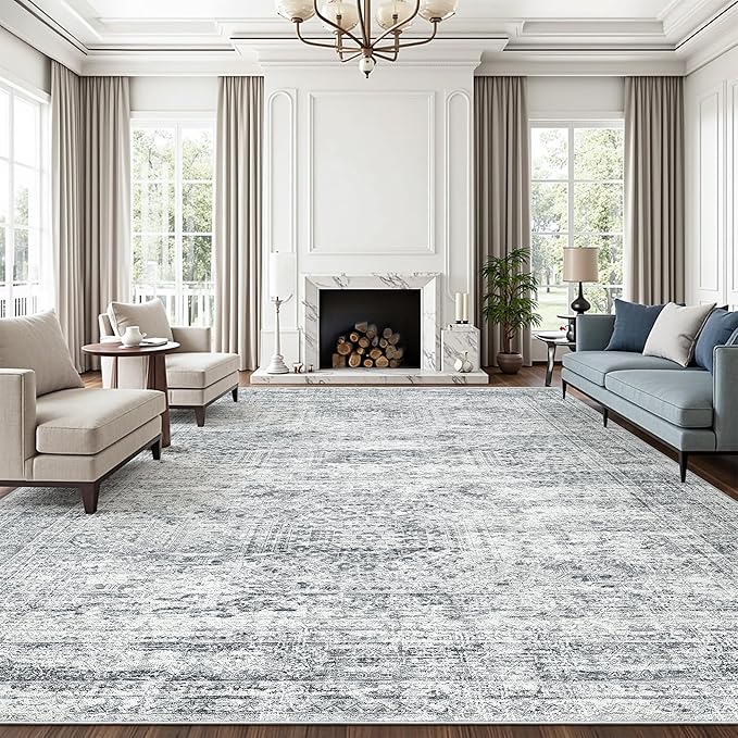 12x15 Washable Area Rug Gray Neutral Abstract Living Room Large Carpet Non Slip by Soalmost