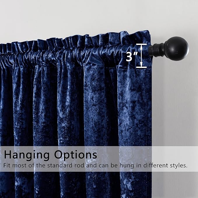 SMILETIME Navy Blue Crushed Velvet Curtains 52x84inch Rod Pocket Luxurious - Image 2