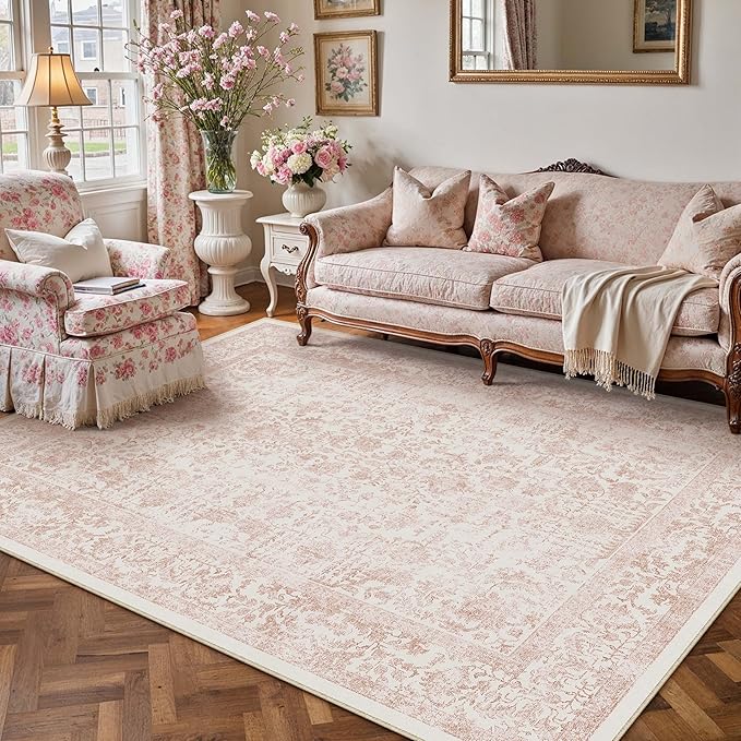 Pink Area Rug 5x8 Machine Washable Vintage Living Room Distressed Non Slip - Image 5