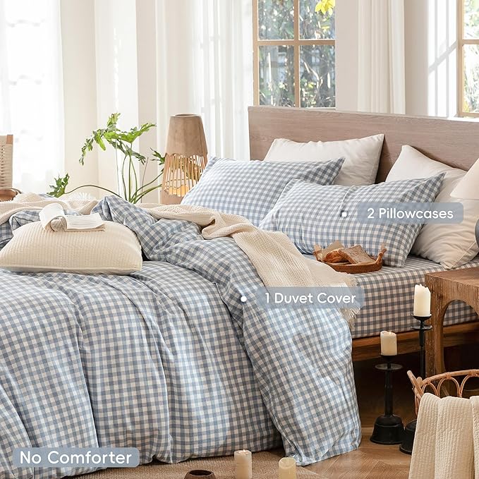 MooMee Gingham Duvet Cover Set 100% Washed Cotton Linen Like Textured - Image 2