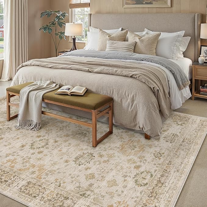 Beige 5x7 Area Rug Non Slip Vintage Living Room Distressed Machine Washable - Image 4