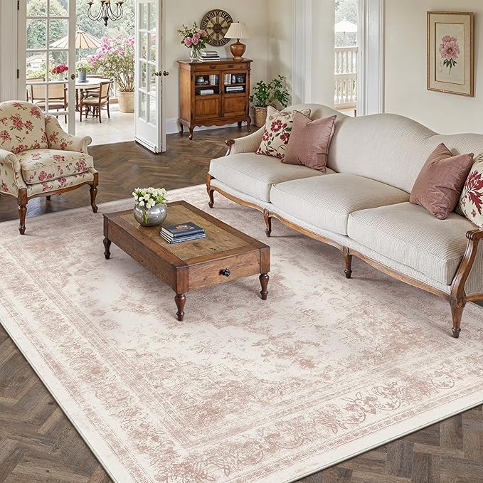 Washable Rug 6x9 Area Rug for Living Room Pink Vintage Boho Medallion Large by PureCozy