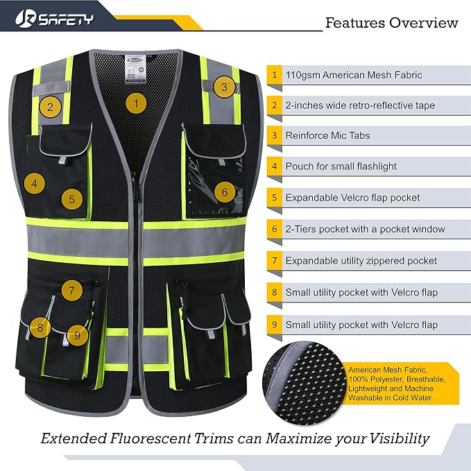JKSafety 10 Pockets Hi-Vis Neon Color Frontal Zipper Mesh Safety Vest - Image 3