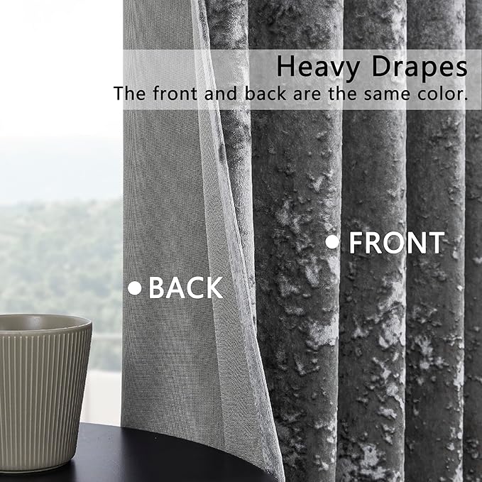 SMILETIME Grey Crushed Velvet Curtains 52x108inch Rod Pocket Luxurious Thermal - Image 3