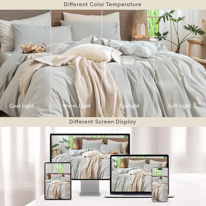 MooMee Striped Duvet Cover Set 100% Washed Cotton Linen Like Textured - Image 7
