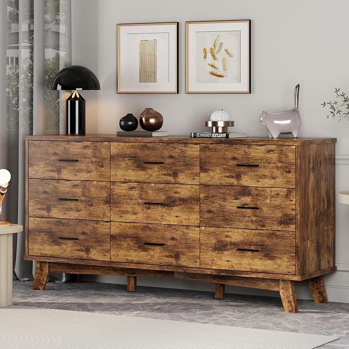 Dresser for Bedroom, 9 Drawer Wide Modern Chest of Drawers by Xixini