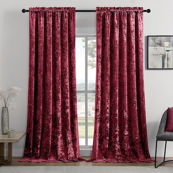 SMILETIME Burgundy Red Crushed Velvet Curtains 52x108inch Rod Pocket Luxurious by SMILETIME
