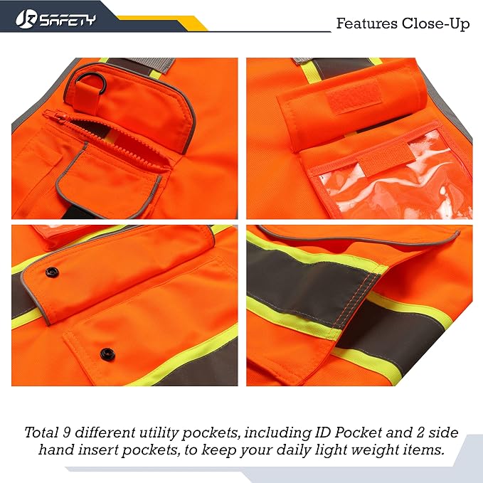 JKSafety 9 Pockets Hi-Vis Neon Orange Color Zipper Front Safety Vest - Image 4