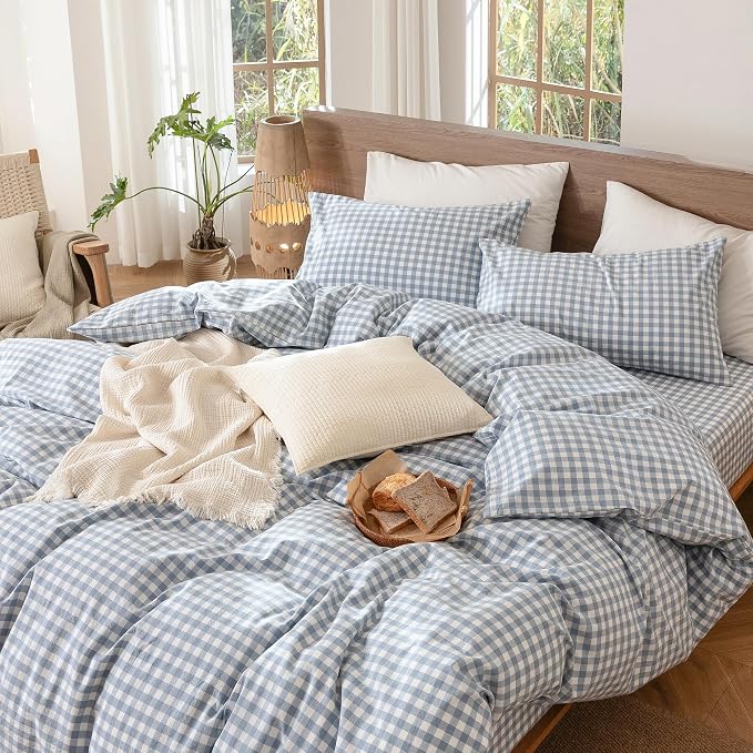 MooMee Gingham Duvet Cover Set 100% Washed Cotton Linen Like Textured - Image 9