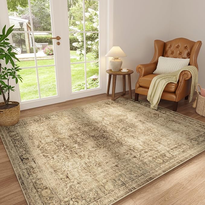 FMFUNCTEX 5x7 Washable Area Rug Neutral Vintage Brown Non Slip Low Pile - Image 3