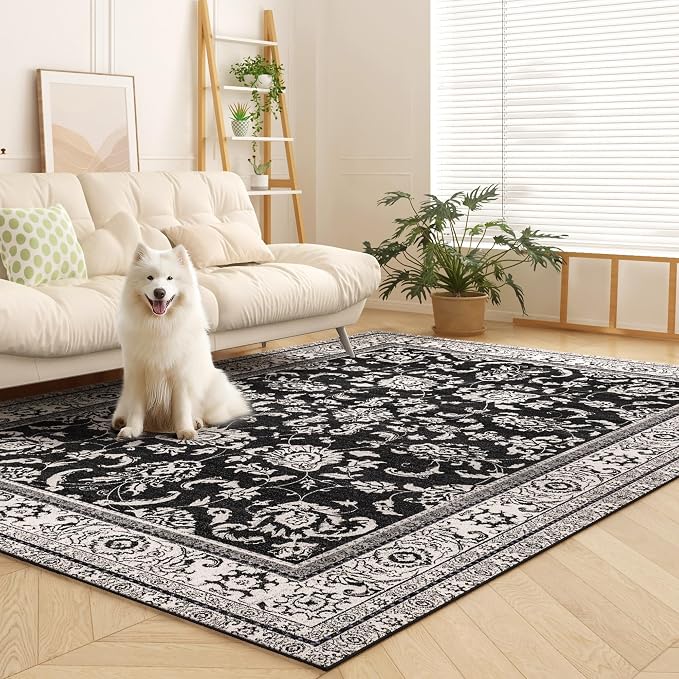 Area Rugs 5x7 Machine Washable Floral Rug Non Silp Faux Wool Vintage Soft Black - Image 3