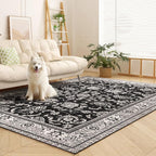 Area Rugs 5x7 Machine Washable Floral Rug Non Silp Faux Wool Vintage Soft Black - Image 3