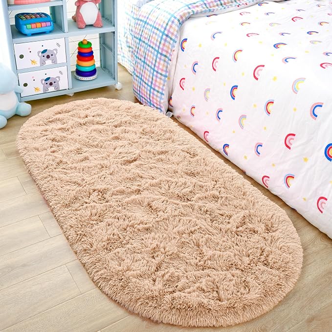 Noahas Fluffy Beige Rugs for Bedroom Living Room, 2.6'X5.3' Oval Throw Rug for by ModernHomeDecor