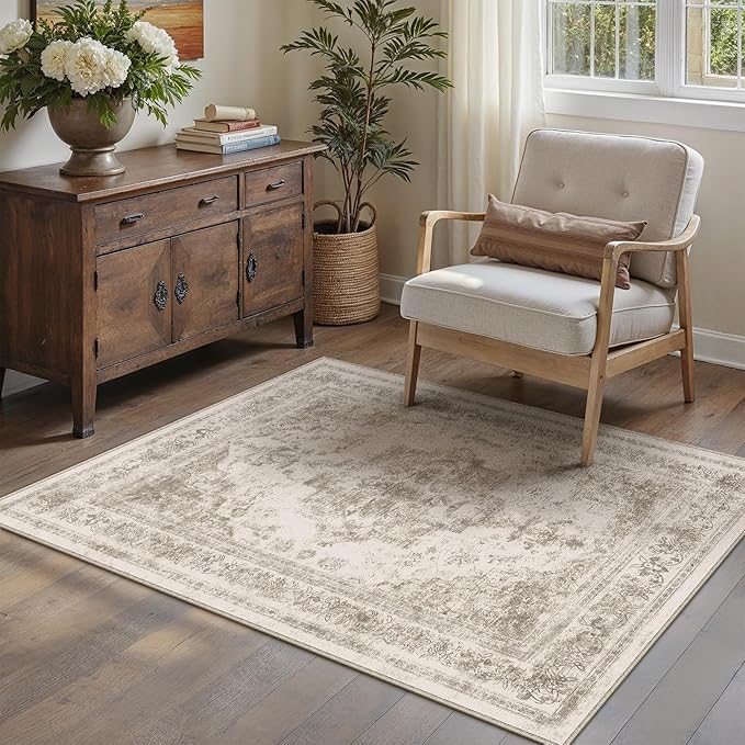 Area Rug 2x3 Beige Washable Entryway Vintage Medallion Carpet Non Slip Low Pile - Image 6