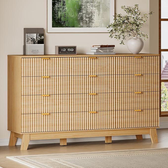 57" Wide Dresser for Bedroom, 12-Drawer Fluted Dresser by BORNOON