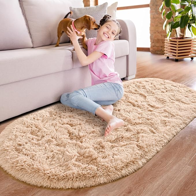 Noahas Fluffy Beige Rugs for Bedroom Living Room, 2.6'X5.3' Oval Throw Rug for - Image 2