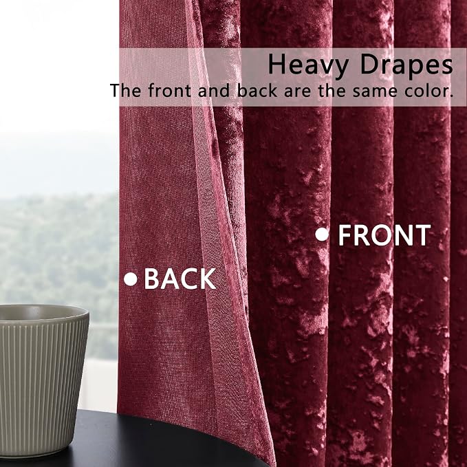 SMILETIME Burgundy Red Crushed Velvet Curtains 52x108inch Rod Pocket Luxurious - Image 3