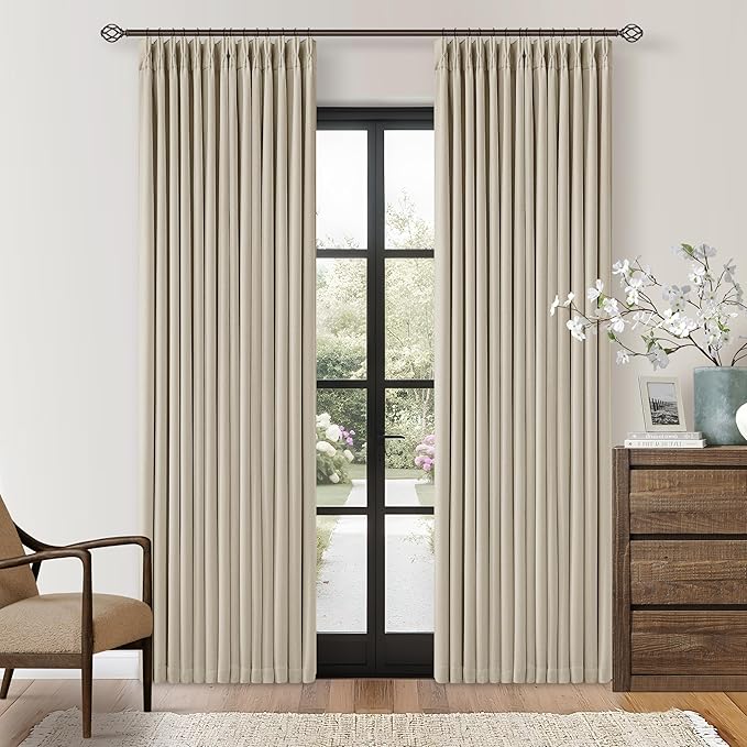 Neutral Beige Linen Pinch Pleated Blackout Curtains 84 Inches Long by Twodrapes