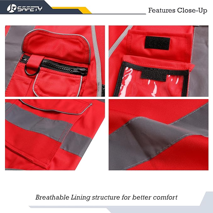 JKSafety 9 Pockets High Visibility Zipper Front Safety Vest - Image 4