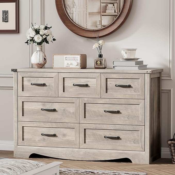 Dresser for Bedroom with 7 Drawers, Wood Dresser TV Stand, Wooden Closet by Xixini